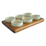 6 compartment teak tray with 6x 1 oz ramekins included.