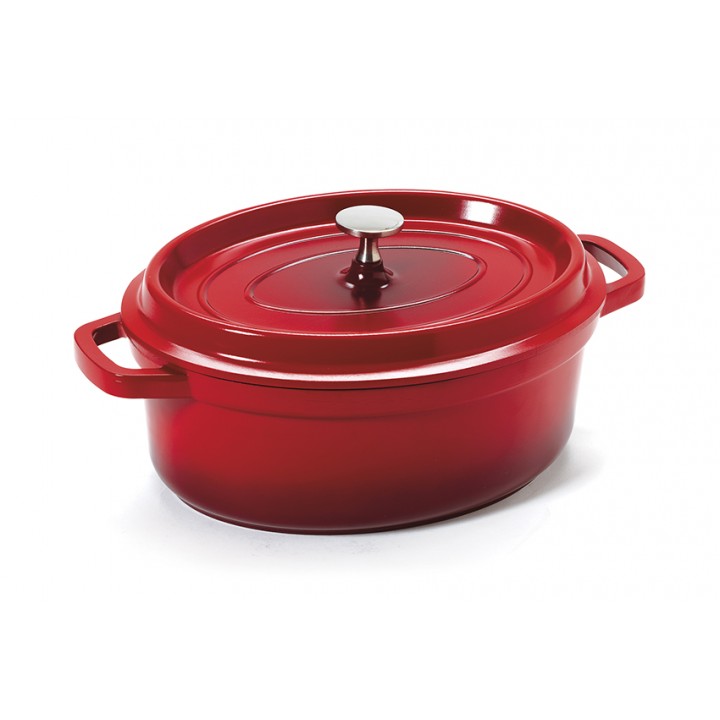 3.5 qt. Induction Ready Oval Dutch Oven w/ Lid, Red with Black Interior, Cast Alum  - 1/Case