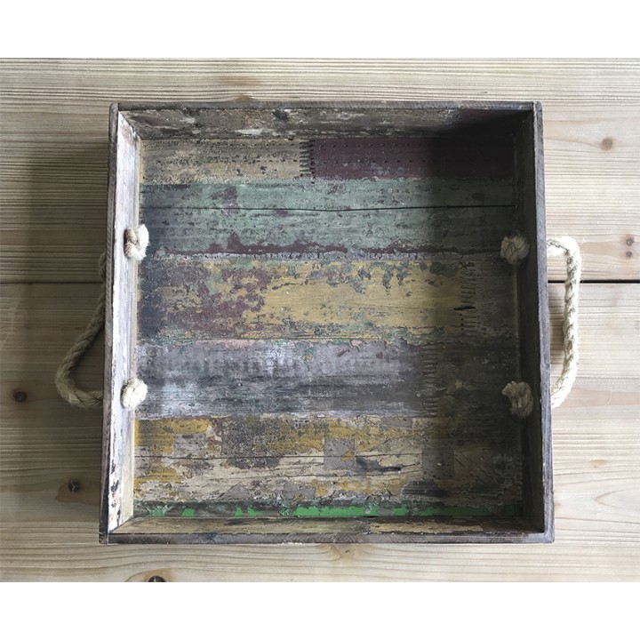 15.5'' Square Reclaimed Wood Serving Tray with Rope Handles  - 1/Case