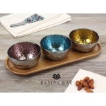 Set of 3 Two-Tone Colored Glass Bowls & Wood Tray - 1/Case