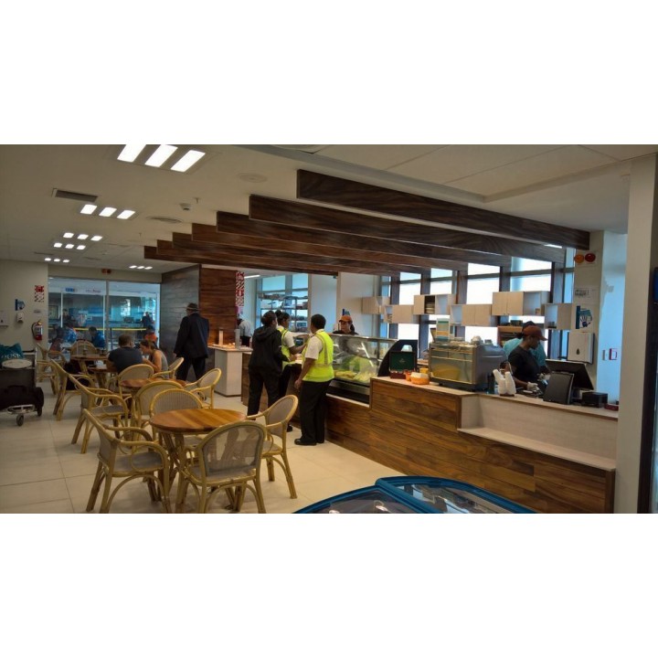 Custom made cafe joinery. Raintree, particle board, HPL