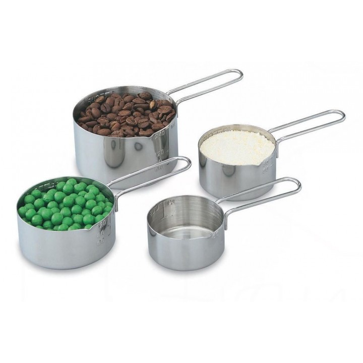 Four-Piece Measuring Cup Set: 1 cup (240 ml), 1⁄2 cup (120 ml), 1⁄3 cup (80 ml), 1⁄4 cup (60 ml)