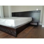 Fijian motif curving King size bed, Mahogany, stained, integrated bedsidetables.