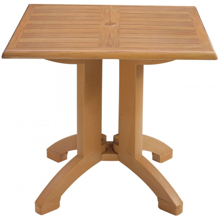 Winston 32" x 32" Teak Decor Square Molded Melamine Pedestal Table with Umbrella Hole - 1/Case