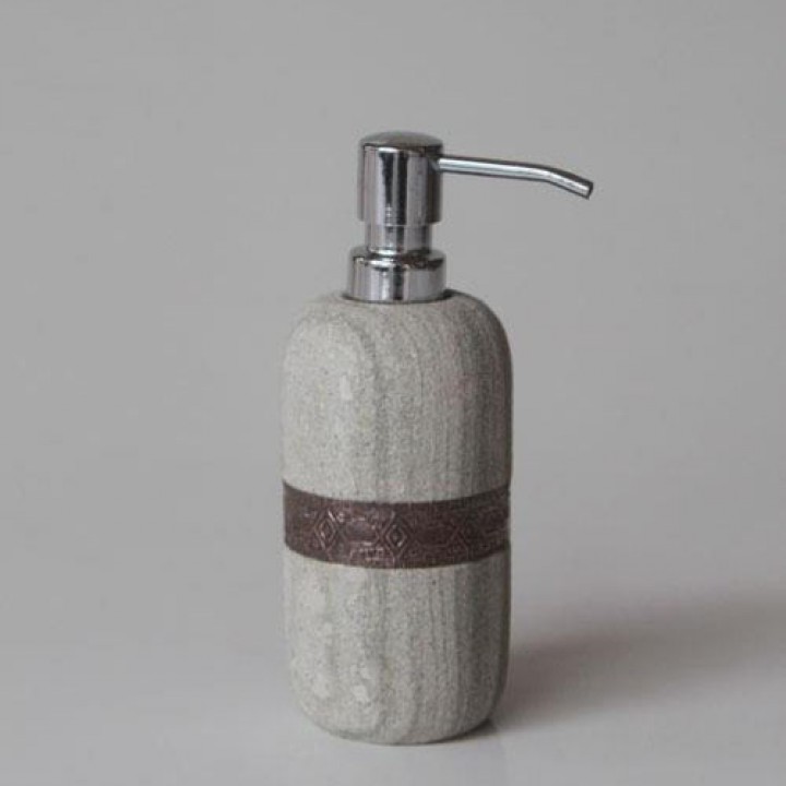 Grey stone hand sanitizer dispenser with copper inlay - stainlees pump