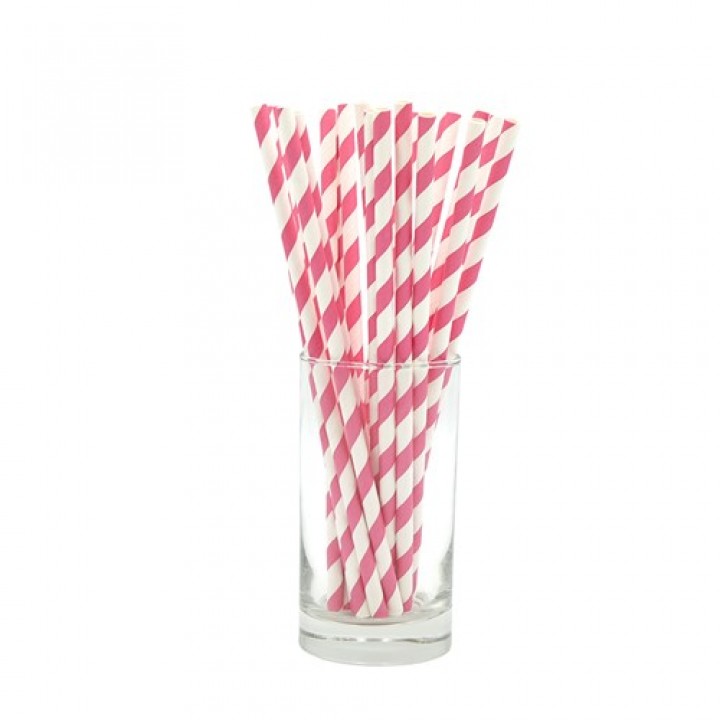 Paper Straw Regular Pink & White Stripes - 25/Case 
