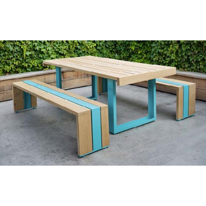 Natural and painted Fijian Teak table (1800 x 900 x 760 mm) + 2 benches ( 1800 x 450 x 450 mm )