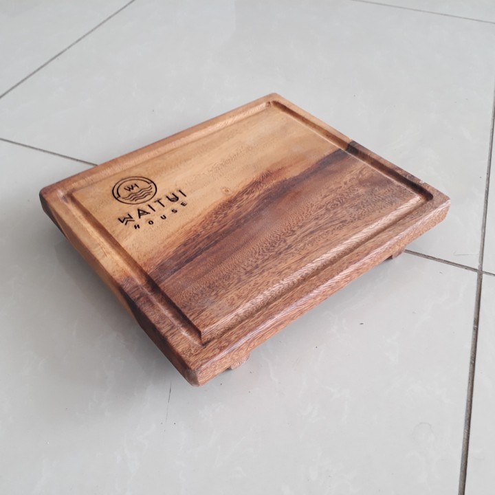Footed Serving board with ramekins cutout and customization option (restaurant name). Raintree 300x250x40 mm